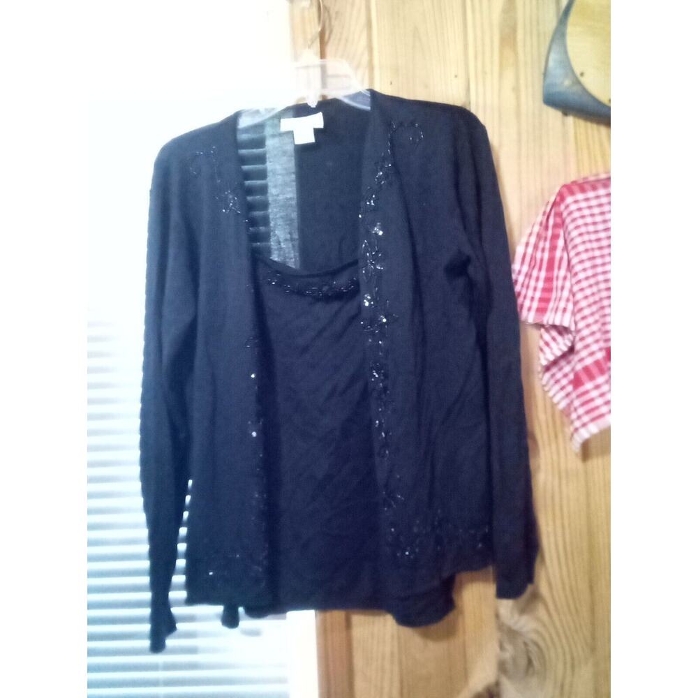 Silk Club Collection Black Cardigan & Tank Set L Embellished W/ Sequin/Stone